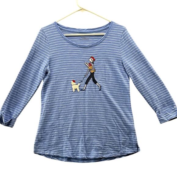 Talbots Blue Embroidered French Lady Poodle Shopping Cuff Sleeve Top Women S - Picture 1 of 6